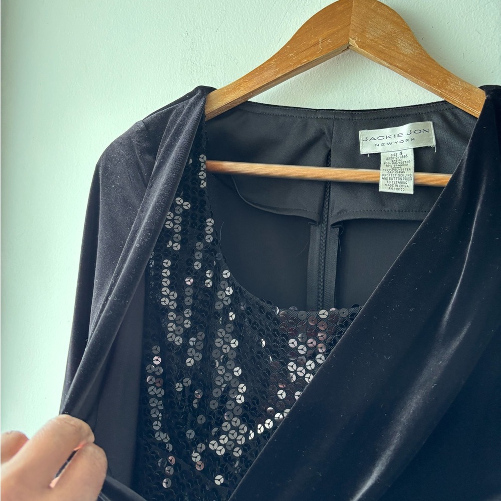 Vintage Jackie Jon Blouse Black Velvet Sequin 3/4 Sleeve Twofer Womens 4 Formal - Picture 5 of 9